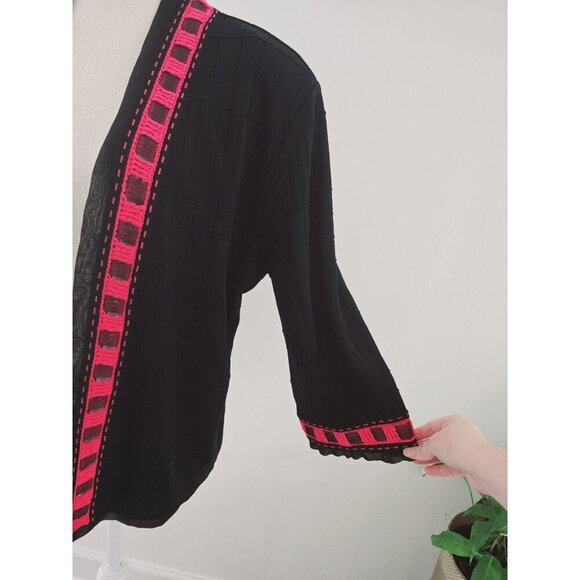 Ming Wang Open Front Knit Ribbon Black Pink Cardigan Sweater L Petite PL - Picture 4 of 9